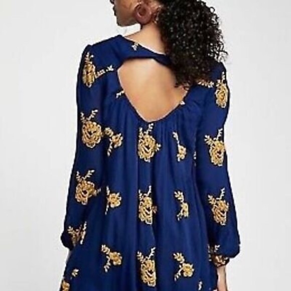 Free People Floral Embroidered Open Back Swing Dress Long Sleeve blue Small - Picture 5 of 8
